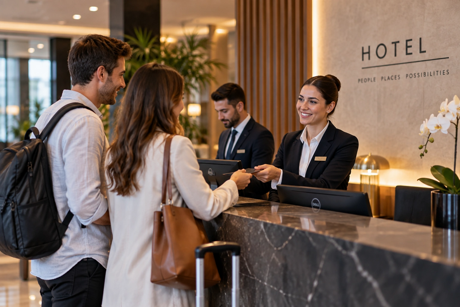 Punonjëse recepsioni në një hotel duke pritur mysafirët